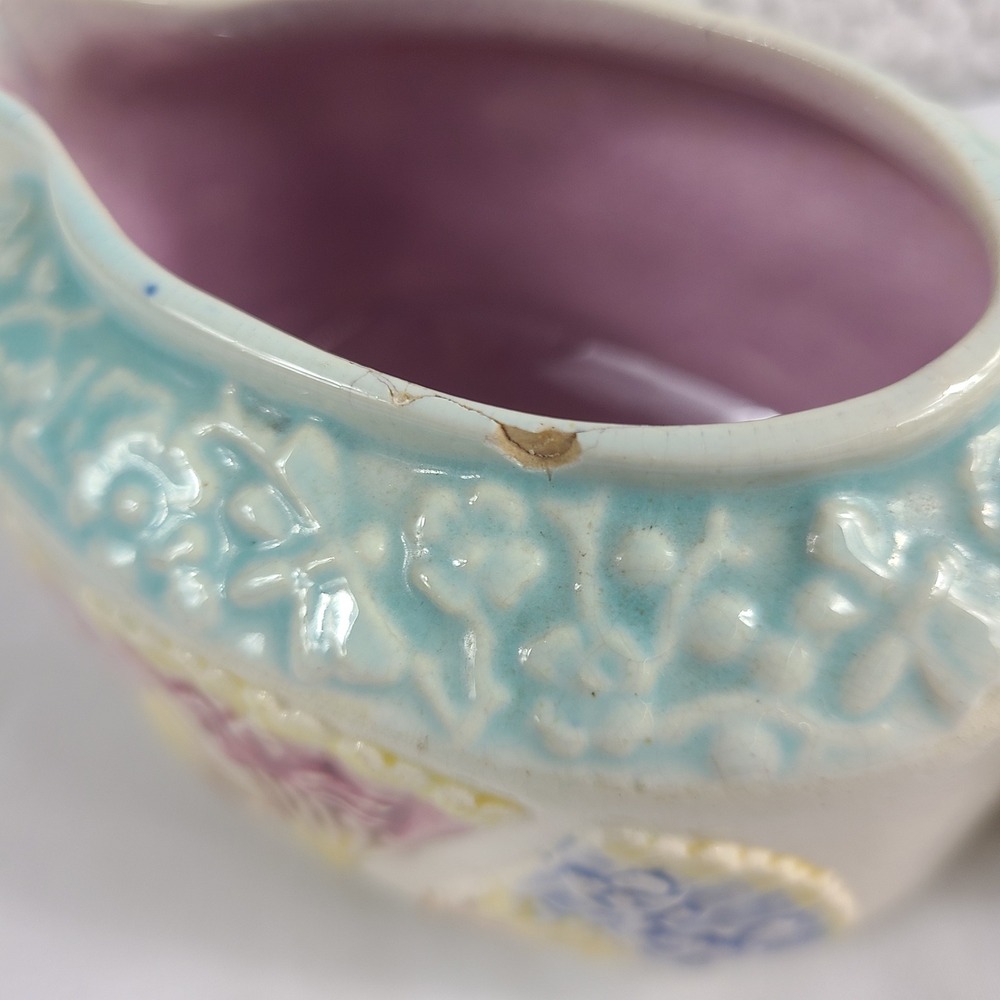 Vintage Ceramic Fan Floral Creamer Pitcher Pastel Faux Bamboo Handle Lavender - Picture 8 of 8